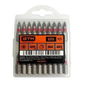 Бита GTM PZ1 25 мм 20 шт S2, Pozidriv, магнитная, хвостовик 1/4"