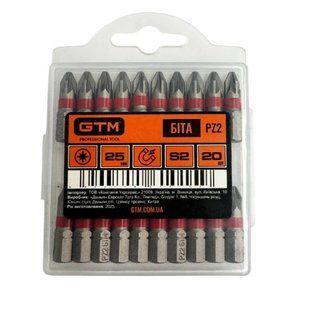 Бита GTM PZ2 25 мм 20 шт S2, Pozidriv, магнитная, хвостовик 1/4"