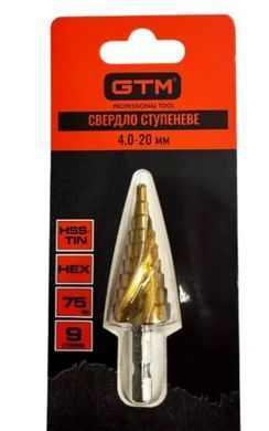 Сверло ступенчатое 4,0-20,0 мм, 9 ступеней, шестигранник GTM HSS TiN