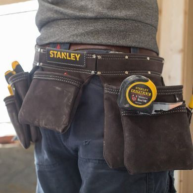 Пояс кожаный с карманами для инструмента STANLEY: 4 больших, 6 малых, 2 держателя молотка и 1 для рулетки