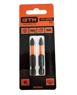 Біта ударна GTM PH2 50 мм 2 шт S2, торсіонна, магнітна, хвостовик 1/4"