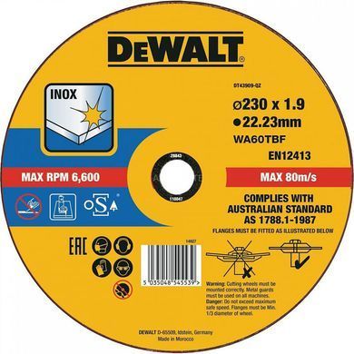 Круг відрізний INOX по металу 230х1.9х22.23 мм DeWALT DT43909