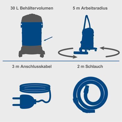 Пылесос для сухой и влажной уборки Scheppach VC30V2, 1,2 кВт, 230В/50Гц, 20 кПа, 30 л, 200 см