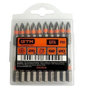 Бита GTM PH1 25 мм 20 шт S2, Phillips, магнитная, хвостовик 1/4"